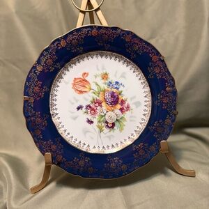 Royal Limoges Cobalt and Gold Floral Plate With Stand